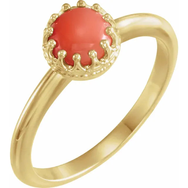 Natural Pink Coral Cabochon Crown Solitaire Ring Solid 14K Gold