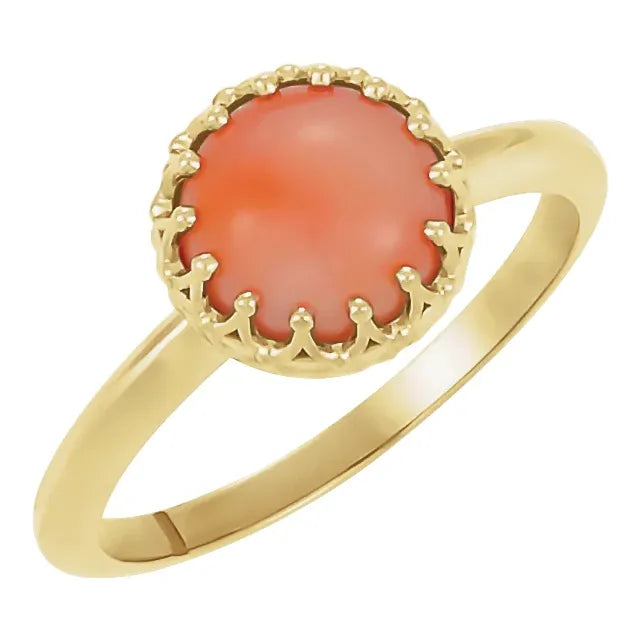 Natural Pink Coral Cabochon Crown Solitaire Ring Solid 14K Gold