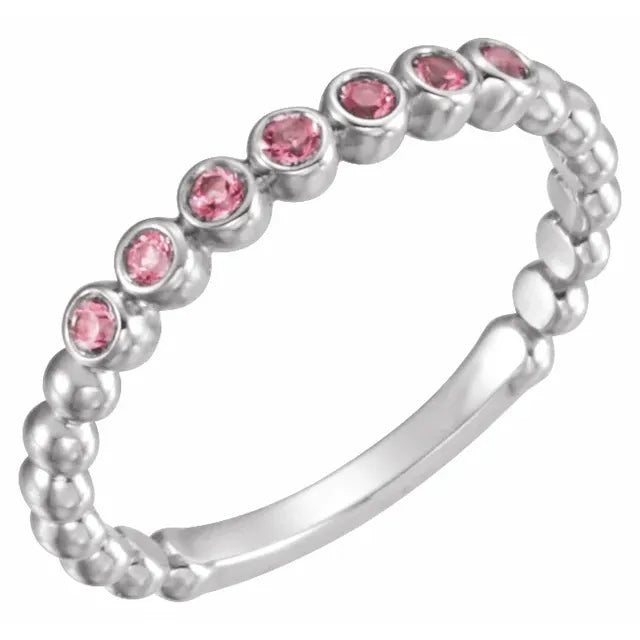 Bezel-Set Natural Pink Tourmaline October Birthstone Bead Detail Stackable Ring in 14K White Gold 