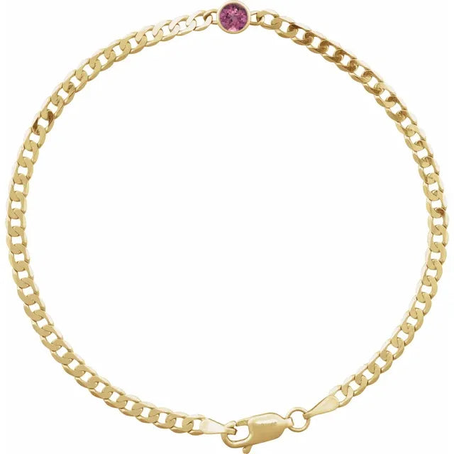 Natural Pink Tourmaline October Birthstone Bezel Set Curb Chain Link Bracelet Solid 14K yellow Gold