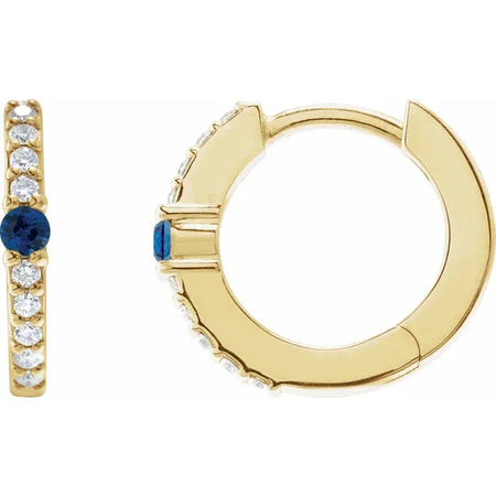 Lab Grown Blue Sapphire & Diamond Hinged Hoop Earrings Solid 14K Yellow Gold