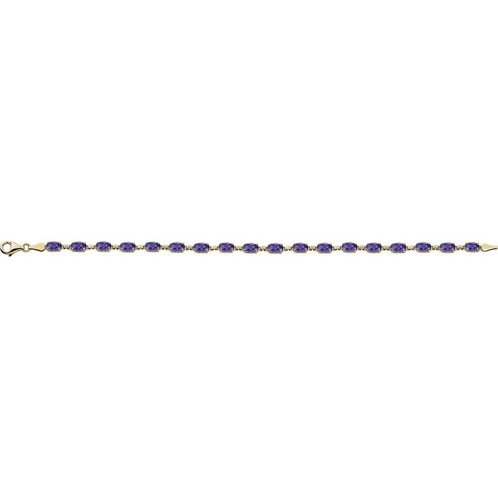 A delicate tennis bracelet featuring oval-cut purple gemstones set in yellow gold, shown horizontally against a plain white background.