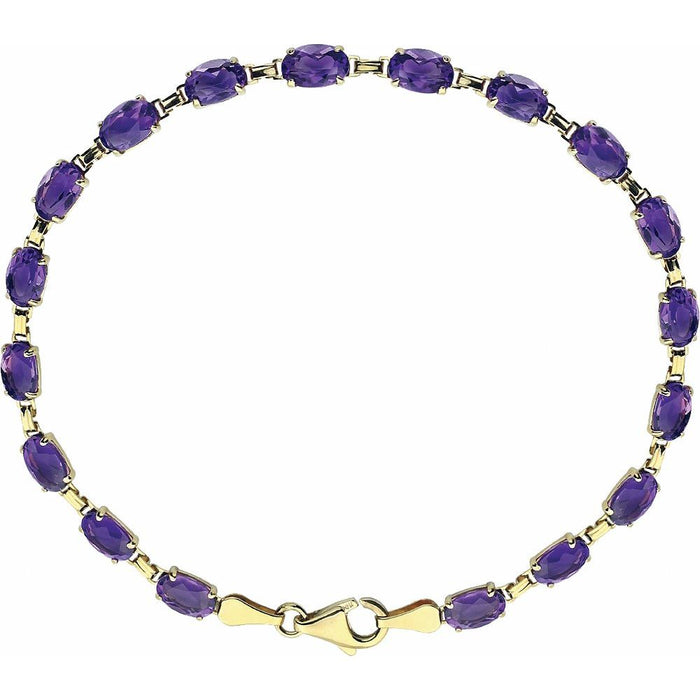 A yellow gold tennis bracelet featuring oval-cut purple amethyst gemstones, arranged in a circular shape against a solid white background.