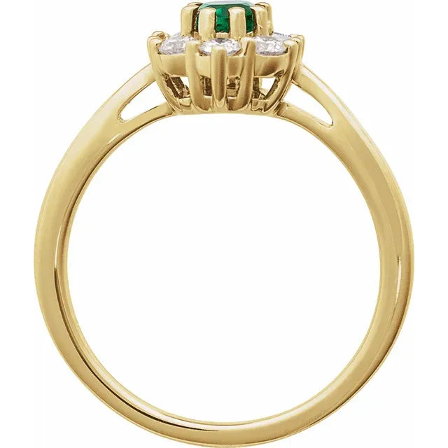 Vintage Style Lab-Grown Emerald & Natural Diamond Halo Ring Solid 14K Yellow Gold