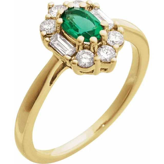 Vintage Style Lab-Grown Emerald & Natural Diamond Halo Ring Solid 14K Yellow Gold