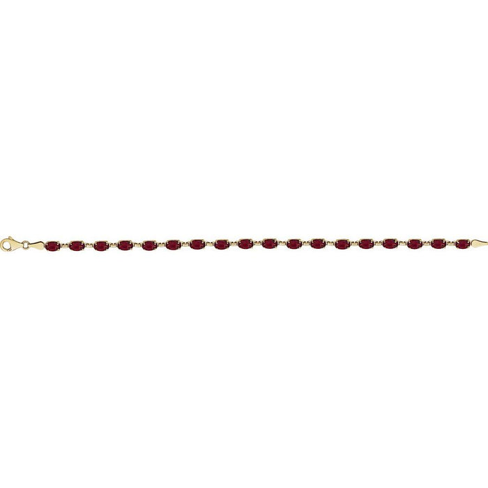Gold tennis line bracelet with oval dark red garnet gemstones laid flat on white background