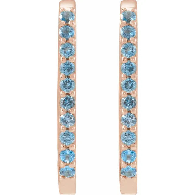 London Blue Topaz Link Shape Hinged Gemstone Hoop Earrings Solid 14K Rose Gold 