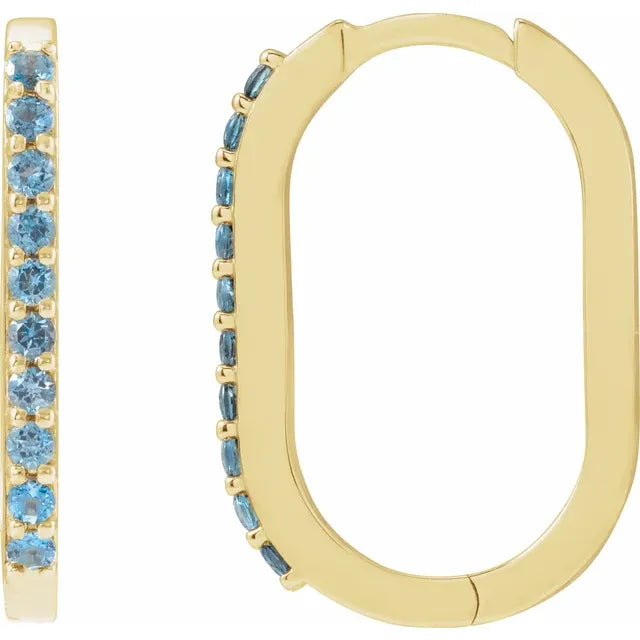 London Blue Topaz Link Shape Hinged Gemstone Hoop Earrings Solid 14K Yellow Gold 