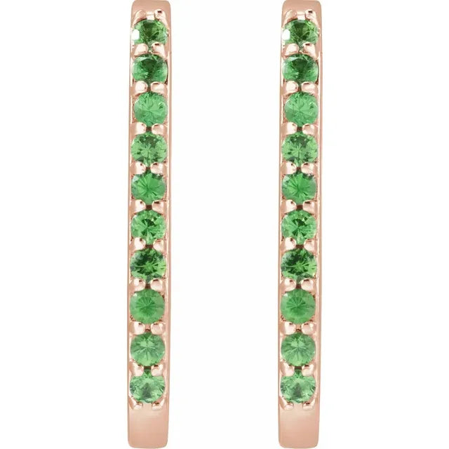 Tsavorite Garnet Link Shape Hinged Gemstone Hoop Earrings Solid 14K Rose Gold 
