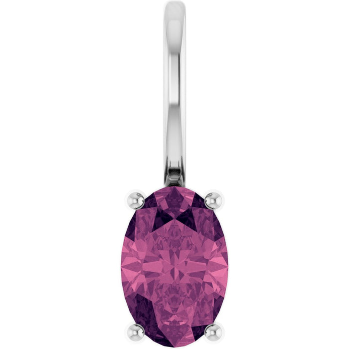 An oval-cut pink tourmaline gemstone in a four-prong white gold setting, pendant shown against a plain white background.
