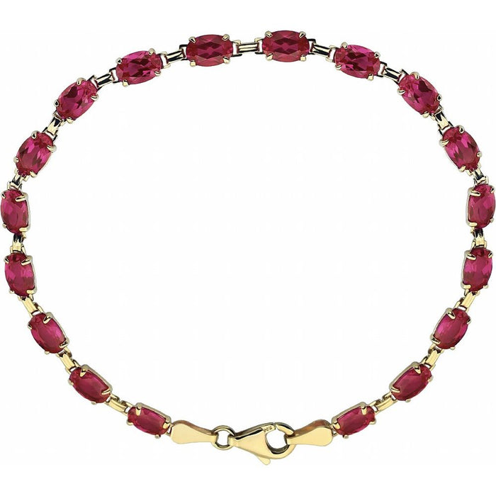 A yellow gold tennis bracelet featuring a series of oval-cut red ruby gemstones, displayed on a clean white background.