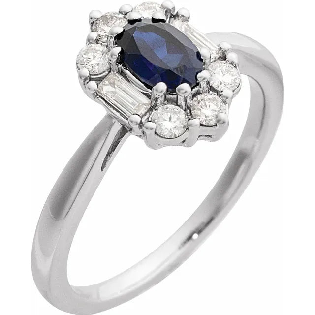 Vintage Style Blue Sapphire & 3/8 CTW Natural Diamond Ring Solid 14K White Gold 