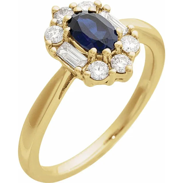 Vintage Style Blue Sapphire & 3/8 CTW Natural Diamond Ring Solid 14K Yellow Gold 