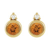 A pair of yellow gold stud earrings featuring a round faceted citrine gemstone in a bezel setting, with a  round diamond at the top, shown on a plain white background.
