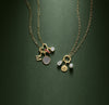 Two paperclip style gold charm necklaces with charm bails on a green background.