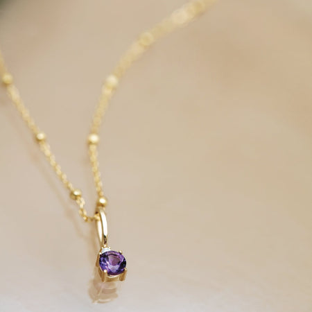 Amethyst and Diamond Birthstone Charm Pendant in Solid 14K Gold