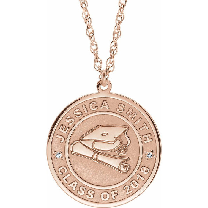 Rose gold graduation diamond necklace with 'Jessica Smith Class of 2018' engraving on a white background