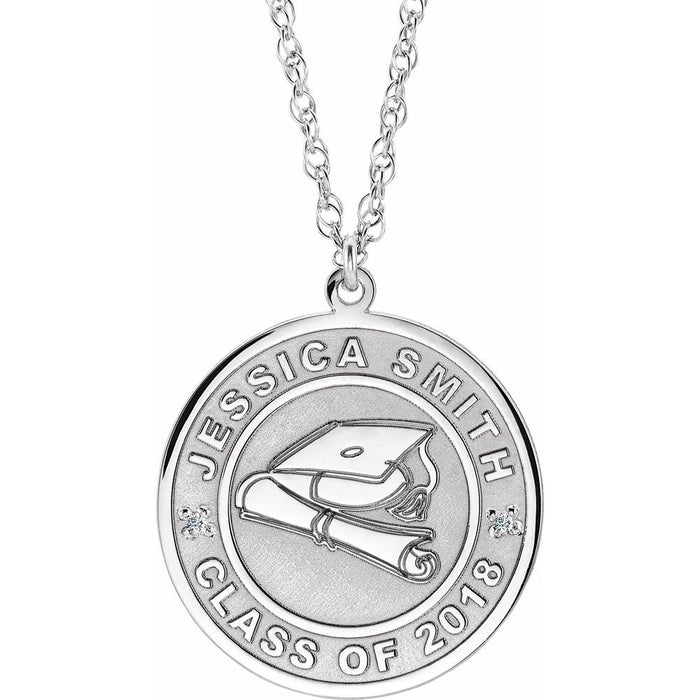 White gold graduation diamond necklace with 'Jessica Smith Class of 2018' on a white background