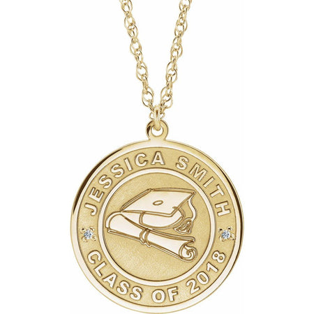 Gold graduation diamond necklace with 'Jessica Smith Class of 2018' on a white background