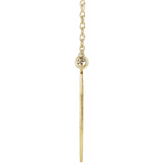 Side view of gold graduation diamond necklace with a long, thin pendant on a white background