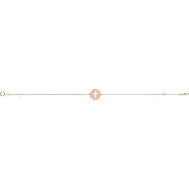Pierced Cross Disc Adjustable Bracelet Solid 14K Rose Gold 
