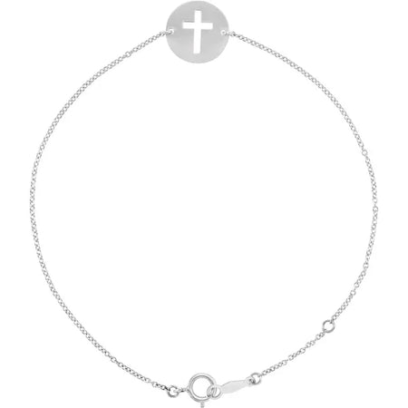 Pierced Cross Disc Adjustable Bracelet Solid 14K White Gold 
