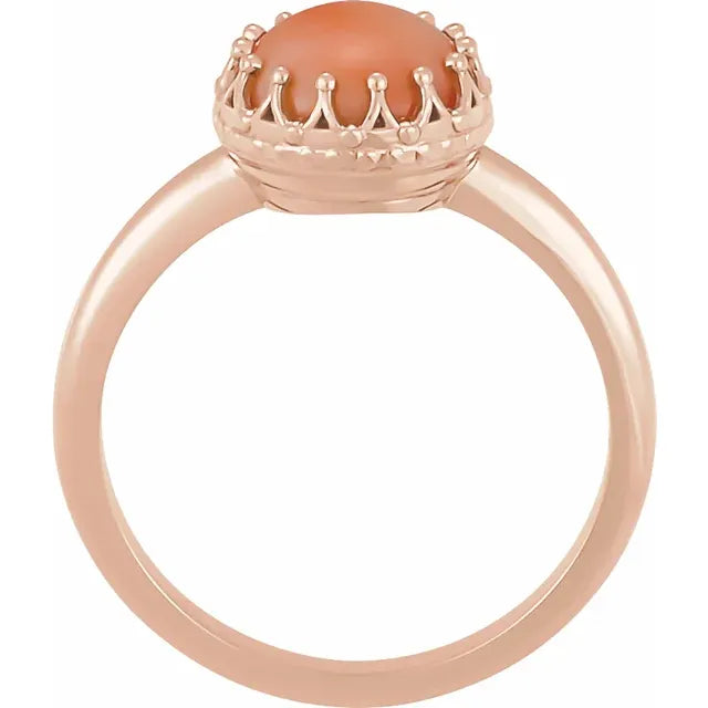 Natural Pink Coral Cabochon Crown Solitaire Ring Solid 14K Gold