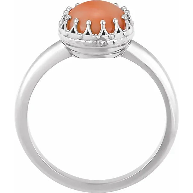 Natural Pink Coral Cabochon Crown Solitaire Ring Solid 14K Gold