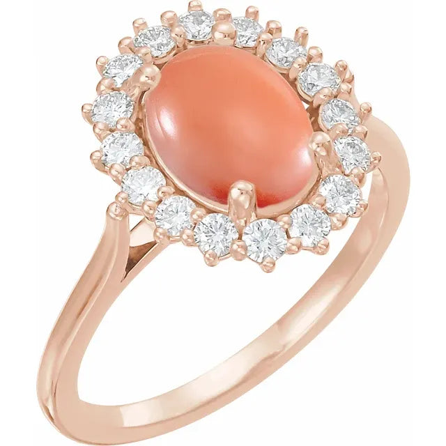 Natural Pink Coral Oval Cabochon Diamond Halo Ring Solid 14K Gold Rin