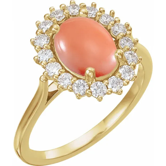 Natural Pink Coral Oval Cabochon Diamond Halo Ring Solid 14K Gold Rin