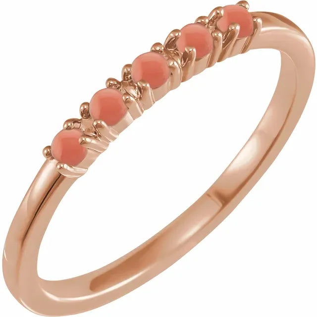 Pink Coral Turquoise Moonstone Cabochon Stackable Ring Solid 14K Gold