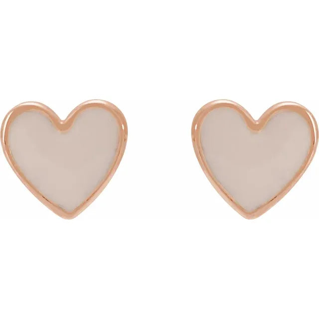 Pink Enamel Heart Stud Earrings in 14K Rose Gold