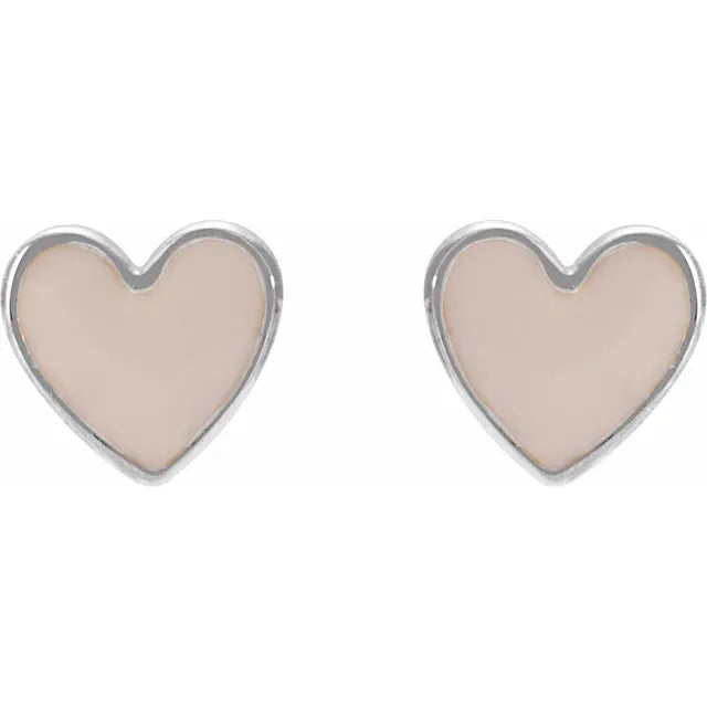 Pink Enamel Heart Stud Earrings in 14K White Gold