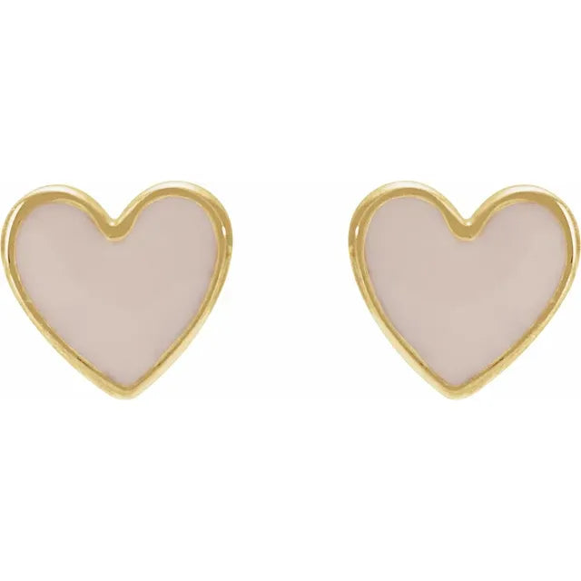 Pink Enamel Heart Stud Earrings in 14K Yellow Gold