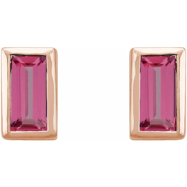 Natural Pink Tourmaline October Birthstone Bezel-Set Stud Earrings Solid 14K Rose Gold