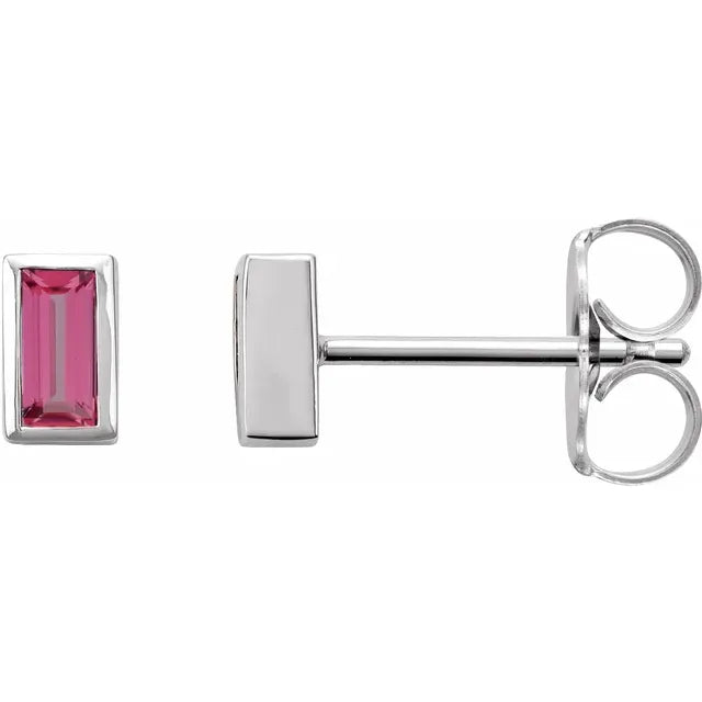 Natural Pink Tourmaline October Birthstone Bezel-Set Stud Earrings Solid 14K White Gold or Sterling Silver