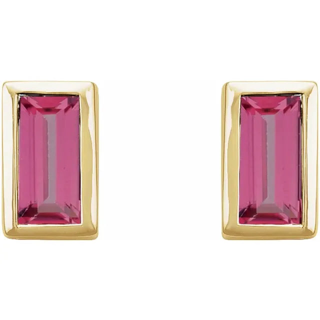 Natural Pink Tourmaline October Birthstone Bezel-Set Stud Earrings Solid 14K Yellow Gold