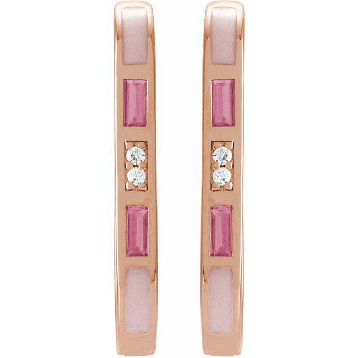 A pair of rose gold link shape hoop earrings featuring pink rectangular enamel inlays, rectangular pink tourmaline and small round diamonds, shown against a plain white background.