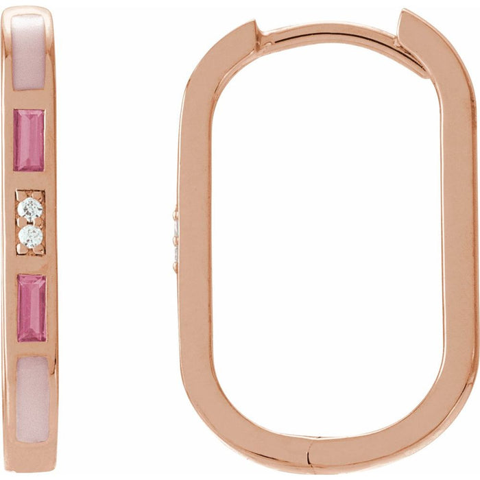 Rose gold link shape hoop earrings featuring pink rectangular enamel inlays, rectangular pink tourmaline and small round diamonds, shown against a plain white background.