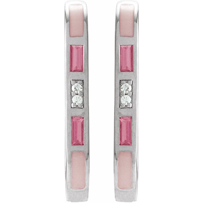 A pair of white gold link shape hoop earrings featuring pink rectangular enamel inlays, rectangular pink tourmaline and small round diamonds, shown against a plain white background.