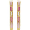 A pair of gold link shape hoop earrings featuring pink rectangular enamel inlays, rectangular pink tourmaline and small round diamonds, shown against a plain white background.