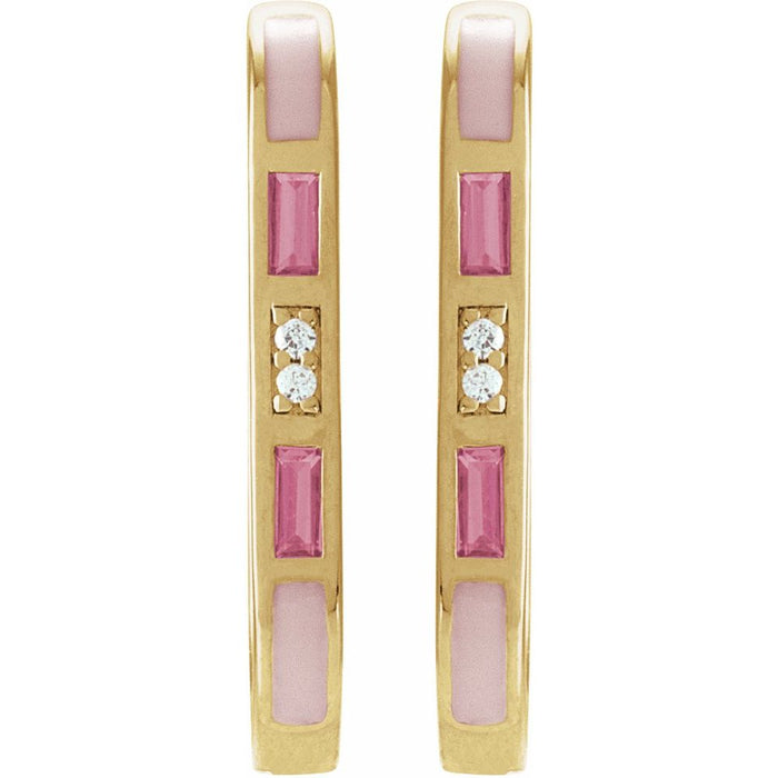 A pair of gold link shape hoop earrings featuring pink rectangular enamel inlays, rectangular pink tourmaline and small round diamonds, shown against a plain white background.