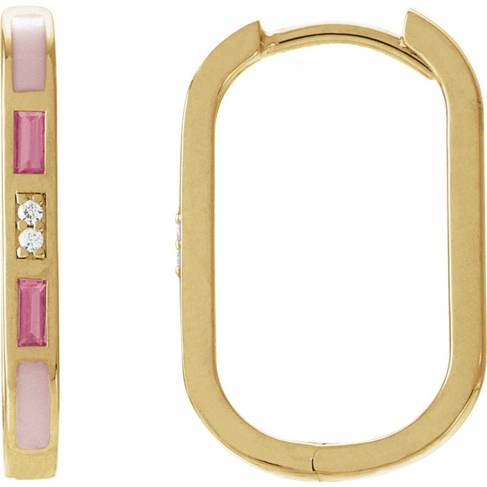 Yellow gold link shape hoop earrings featuring pink rectangular enamel inlays, rectangular pink tourmaline and small round diamonds, shown against a plain white background.