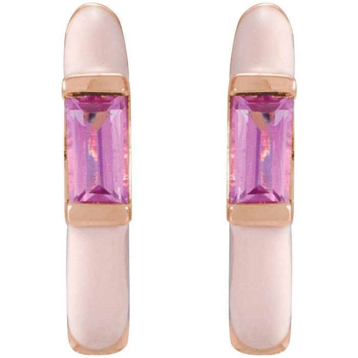 Pink Tourmaline Enamel Huggie Hoop Earrings Solid 14K Yellow White Rose Gold