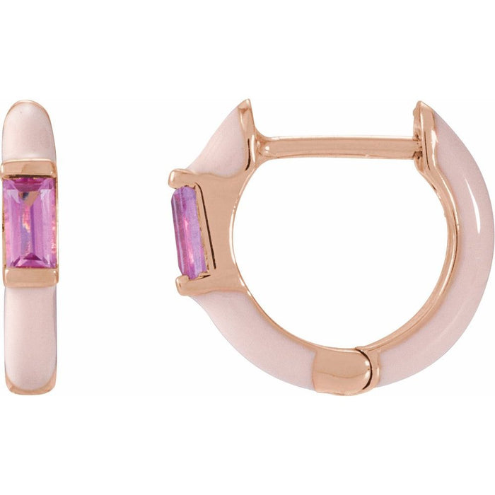 Pink Tourmaline Enamel Huggie Hoop Earrings Solid 14K Yellow White Rose Gold