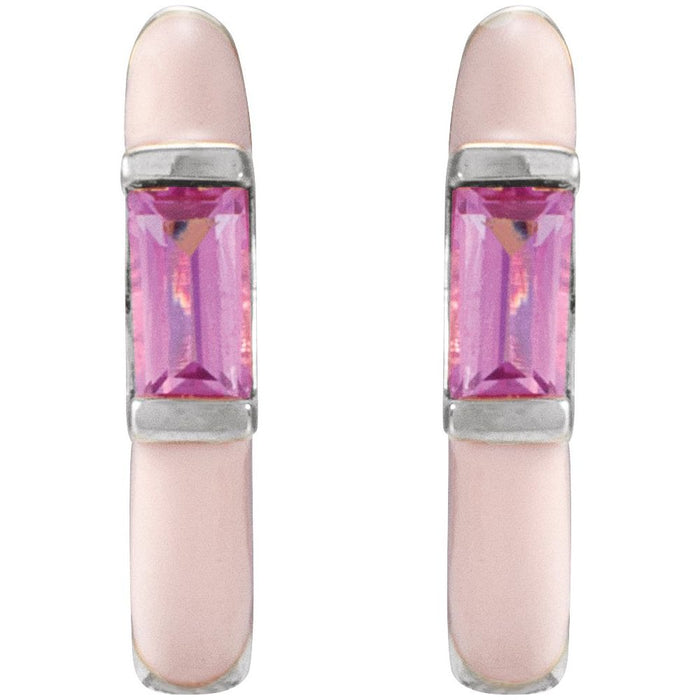 Pink Tourmaline Enamel Huggie Hoop Earrings Solid 14K Yellow White Rose Gold