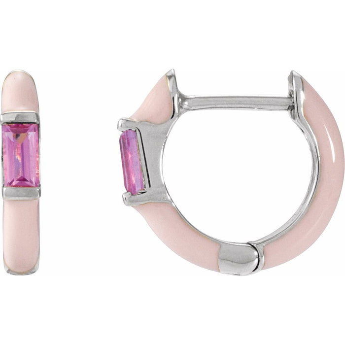 Pink Tourmaline Enamel Huggie Hoop Earrings Solid 14K Yellow White Rose Gold