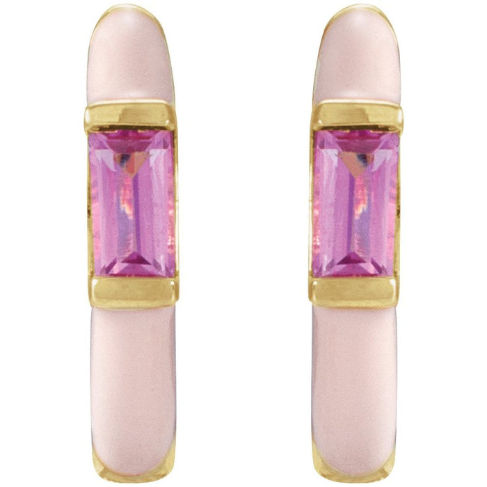 Pink Tourmaline Enamel Huggie Hoop Earrings Solid 14K Yellow White Rose Gold