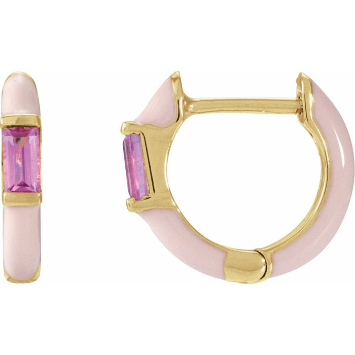 Pink Tourmaline Enamel Huggie Hoop Earrings Solid 14K Yellow White Rose Gold
