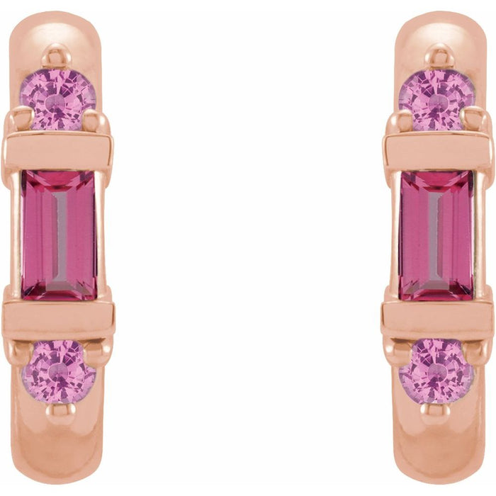 A pair of rose gold hoop earrings featuring a central rectangular pink tourmaline gemstone and two round pink sapphre gemstones on each earring, shown against a plain white background.